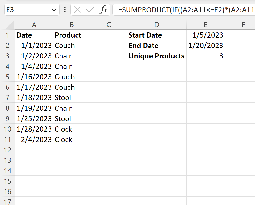 Excel count unique based on date