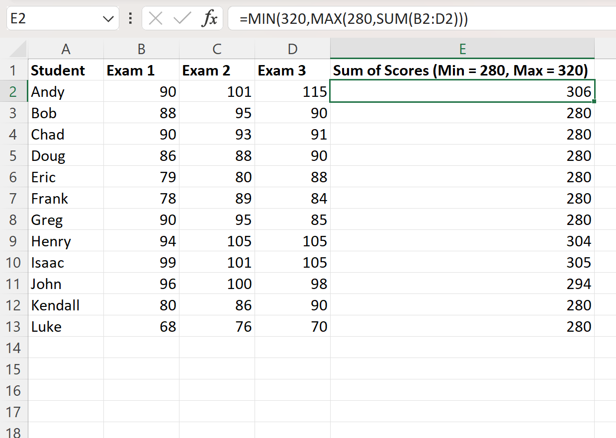 up4 Excel set minimum and maximum values on formula