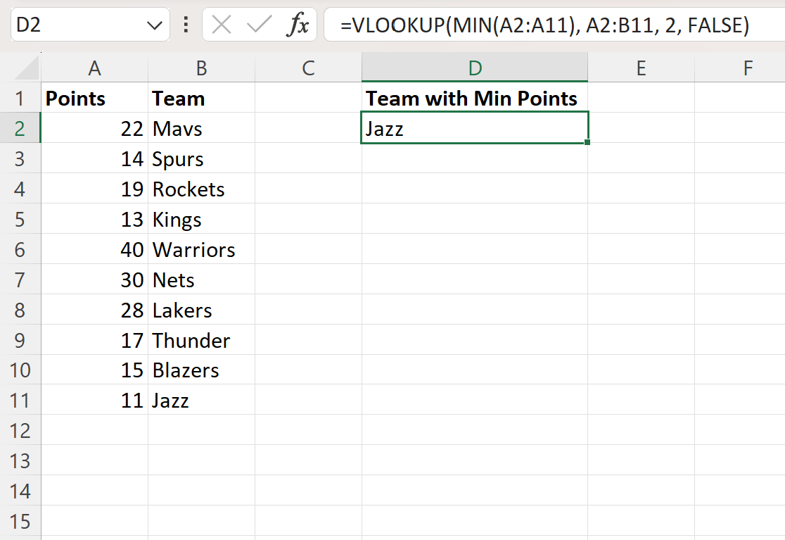 Excel VLOOKUP minimum value