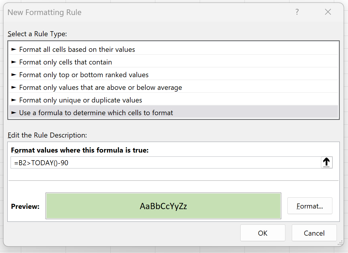 Excel conditional formatting for dates within 90 days