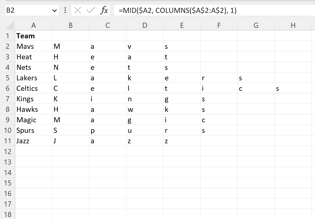 Excel split word into letters
