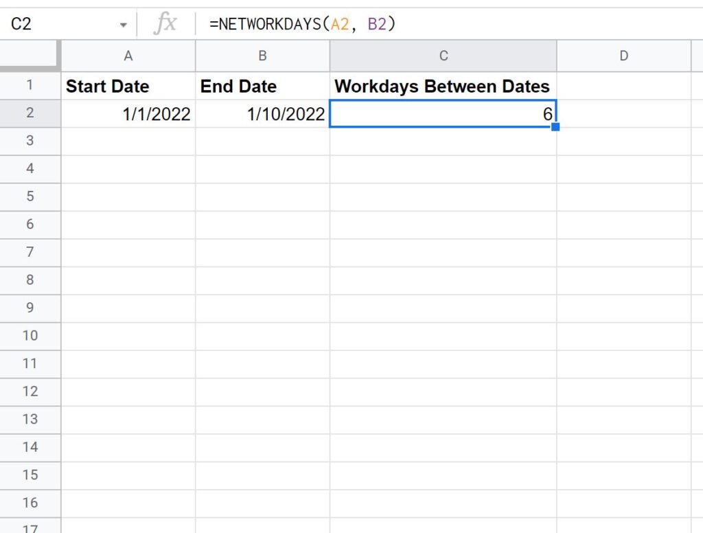 “How can I use Google Sheets to count the number of workdays between two dates?” 2