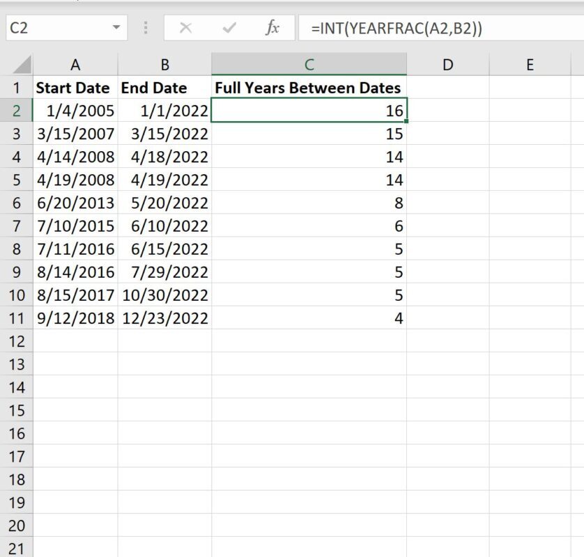 years1 calculate full years between two dates in Excel