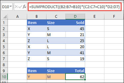 1acbe524-c074-46da-9707-ef3f8ffb84ba Example of using the SUMPRODUCT function to return total sales when provided with product name, size and individual sales values for each.