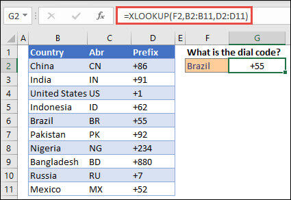 25529a29-8f61-4a71-92c0-f5d7b280641e Example of the XLOOKUP function used to return an Employee Name and Department based on Employee ID. The formula is =XLOOKUP(B2,B5:B14,C5:C14).