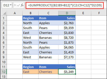 563d2d7f-aefc-4ecd-b260-98590ce4dfa7 Exampe of using SUMPRODUCT to return the sum of items by region. In this case, the number of cherries sold in the East region.