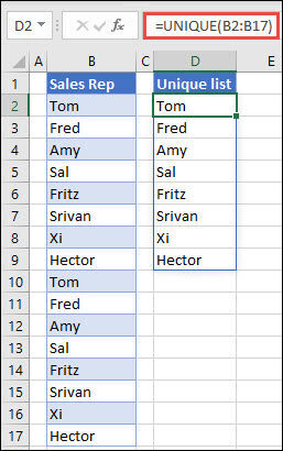 UNIQUE function in use to sort a list of names