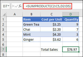 994fe66c-bb3a-4d2c-b828-3c0d3afa8379 Example of the SUMPRODUCT function used to return the sum of items sold when provided unit cost and quantity.