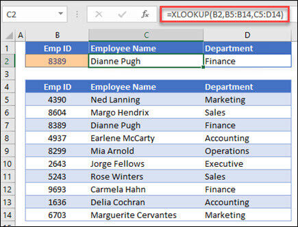 9bdc7843-ee8e-4815-833f-64cff5080775 Example of the XLOOKUP function used to return an Employee Name and Department based on Employee IDt. The formula is: =XLOOKUP(B2,B5:B14,C5:D14,0,1)