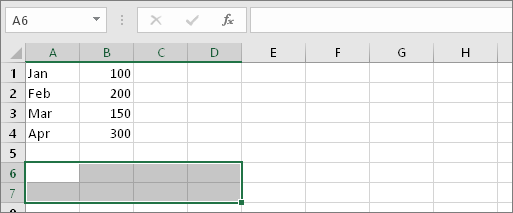 db13f266-e8a4-43f1-8d36-f720057d1434 Cells A6:D7 selected
